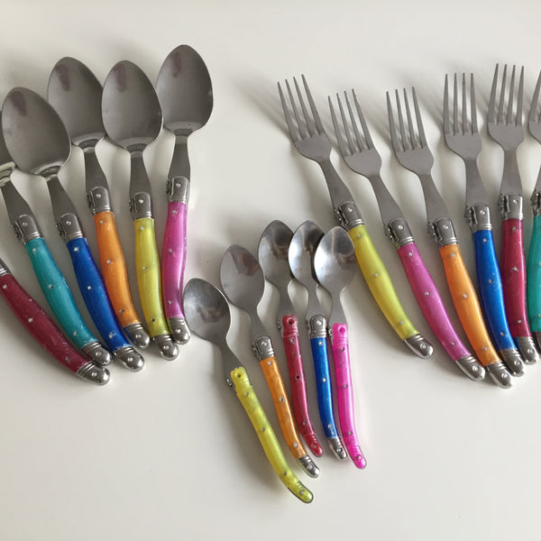 17 Pieces of French Laguiole Cutlery with Fleur-de-Lis on Funky Neon Resin Handles