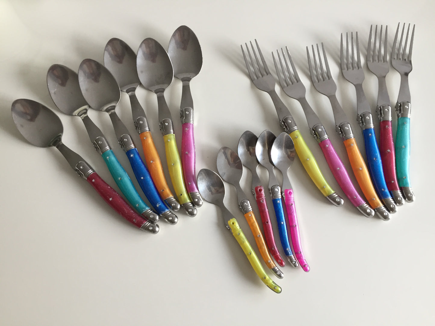 17 Pieces of French Laguiole Cutlery with Fleur-de-Lis on Funky Neon Resin Handles