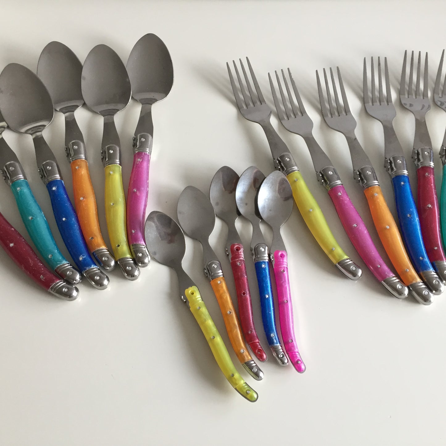 17 Pieces of French Laguiole Cutlery with Fleur-de-Lis on Funky Neon Resin Handles