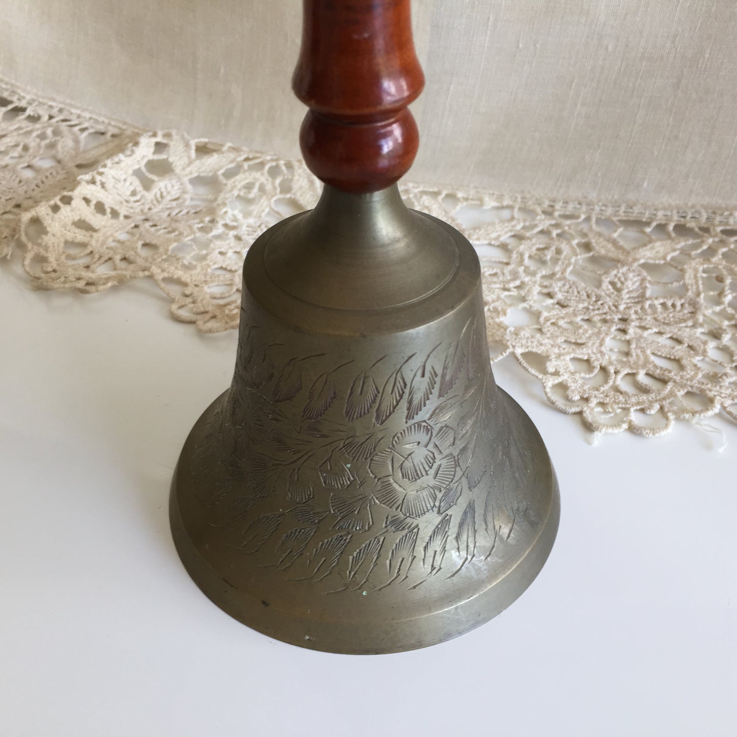 Indian Brass Bell with Etched Rose Pattern & Wooden Handle