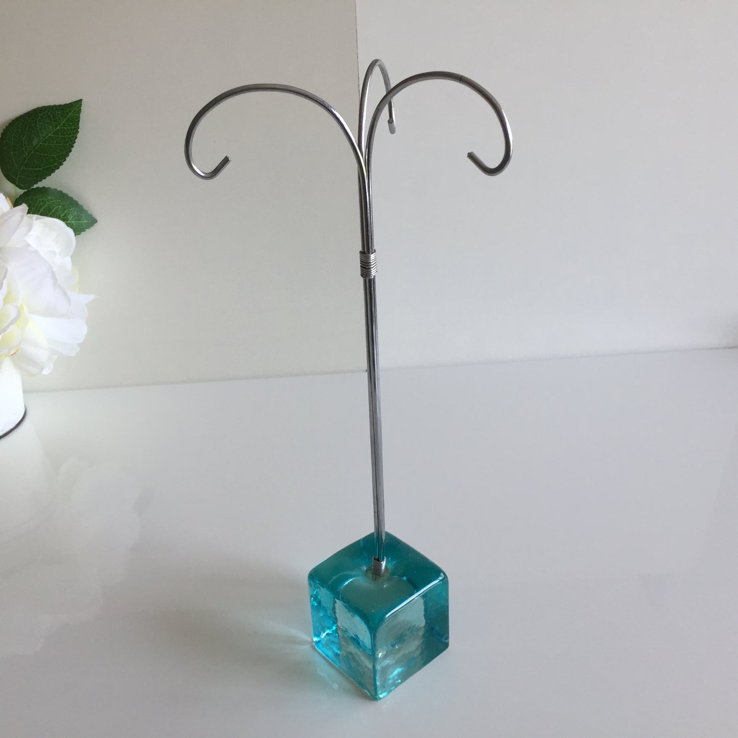 Minimalist Vintage Jewellery Stand | Aqua Glass Base | Chrome