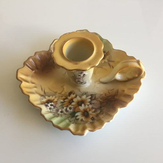 Hand Painted Japanese Vintage Single Candlestick Holder with Handle and Drip Tray