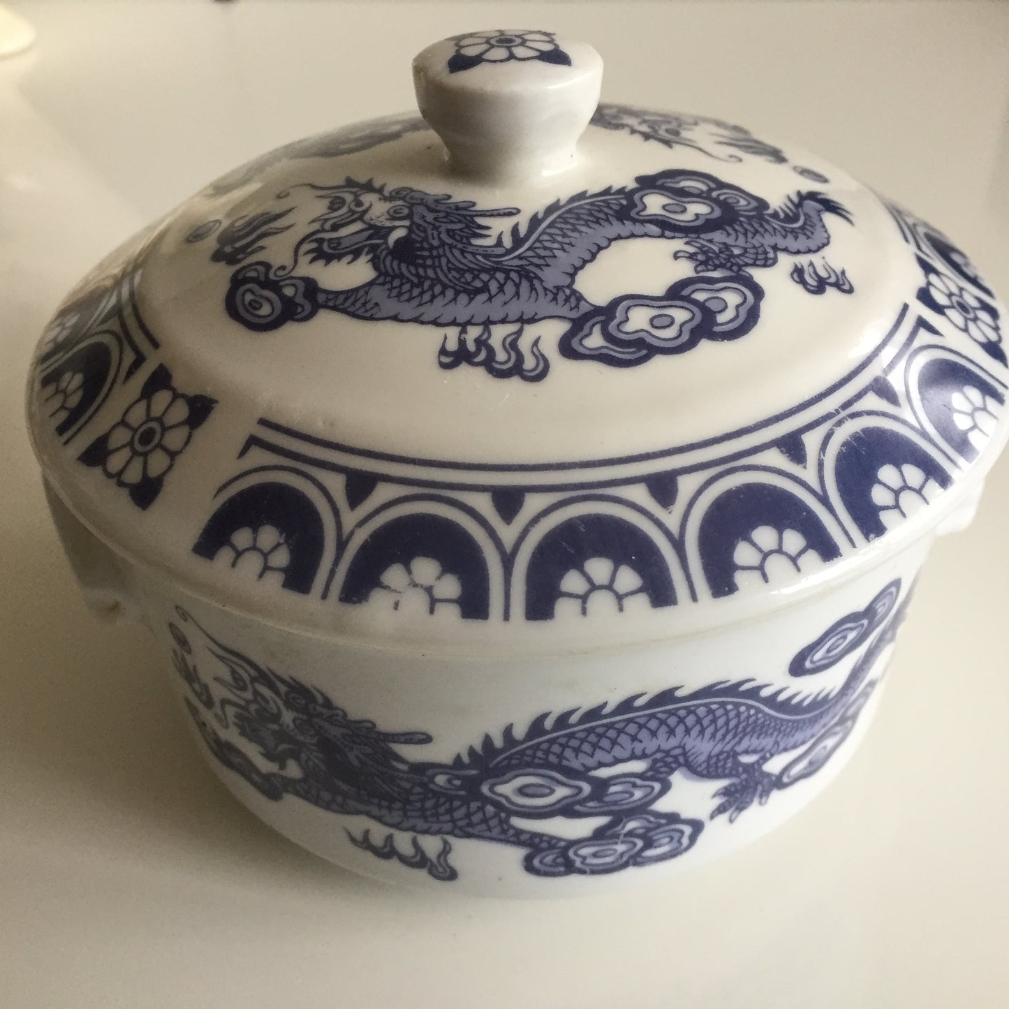 Chinoiserie 1970s Vintage Serving Dish | White & Blue Dragon Design