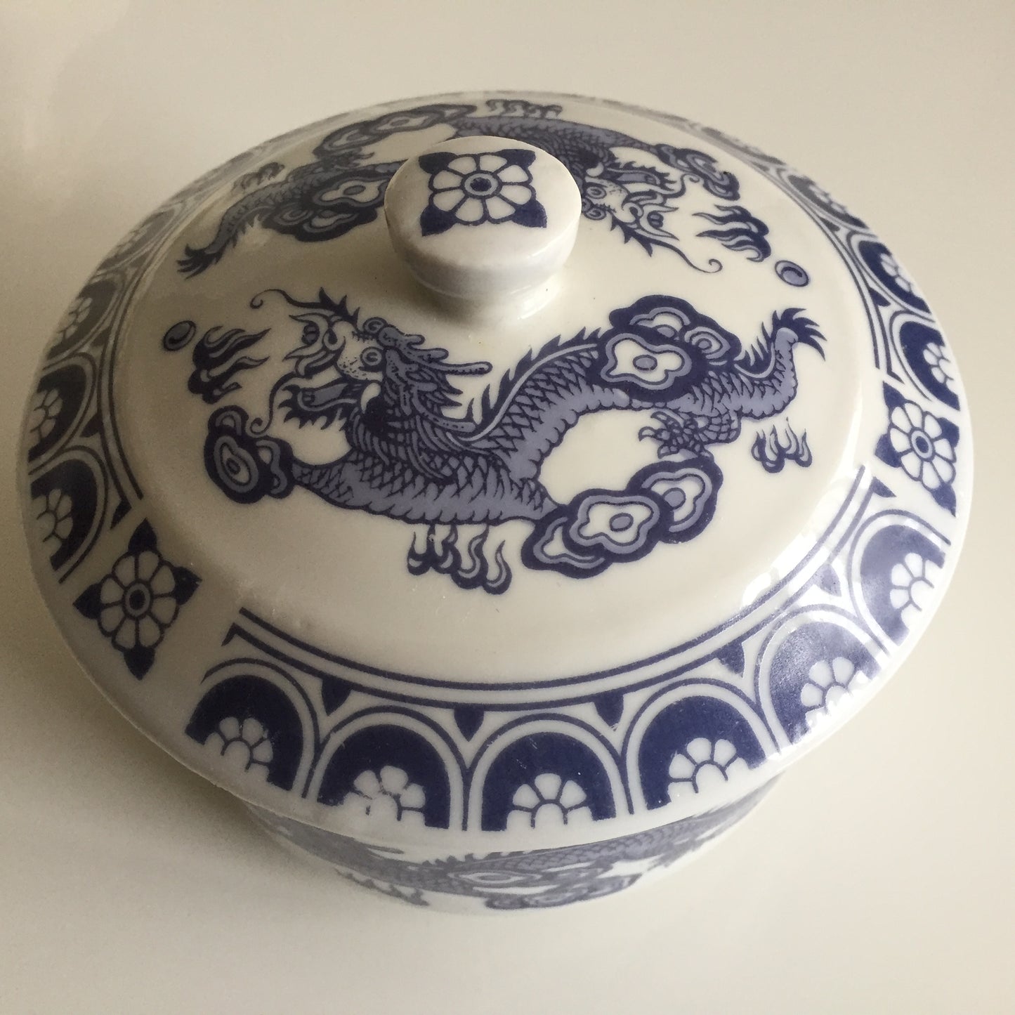Chinoiserie 1970s Vintage Serving Dish | White & Blue Dragon Design