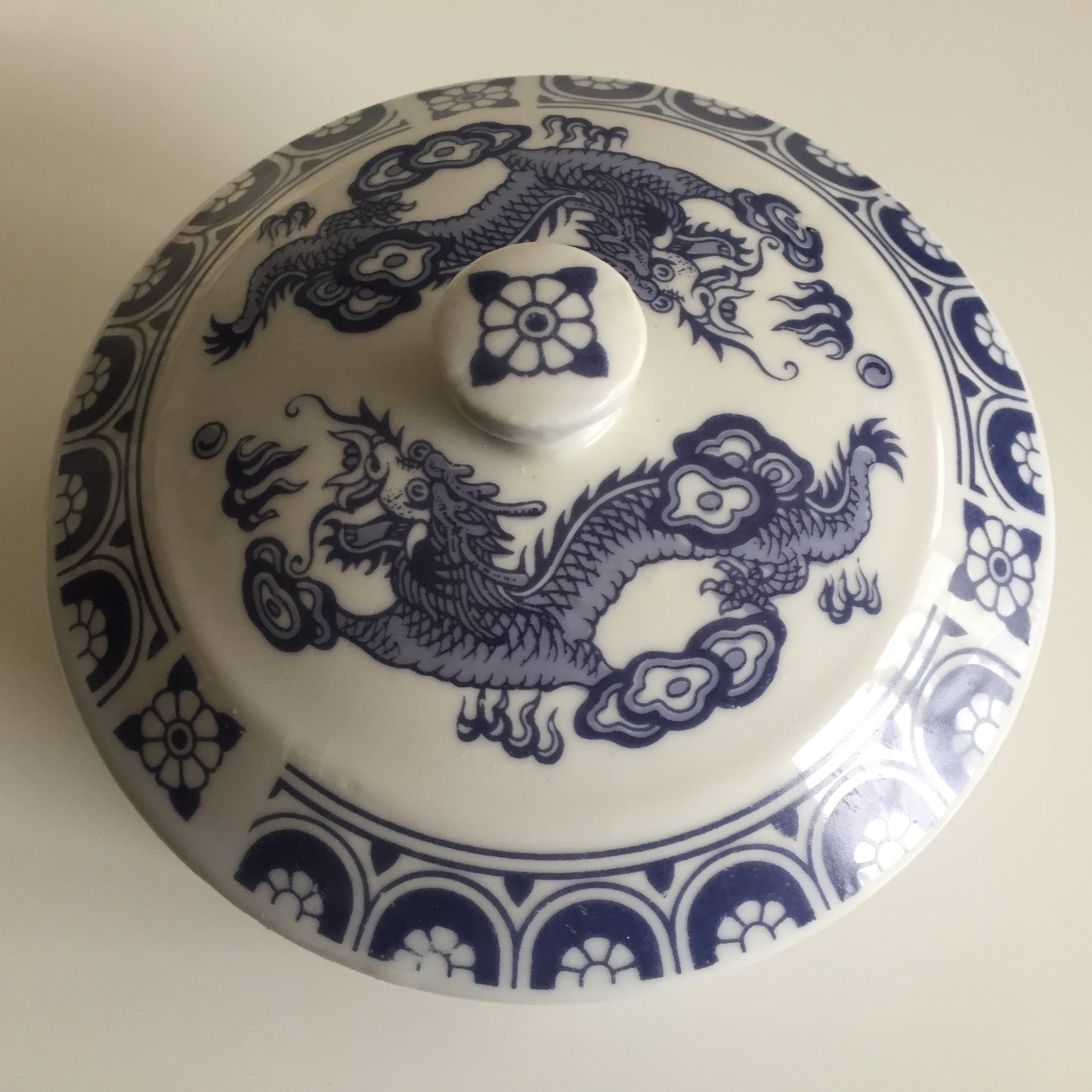 Chinoiserie 1970s Vintage Serving Dish | White & Blue Dragon Design