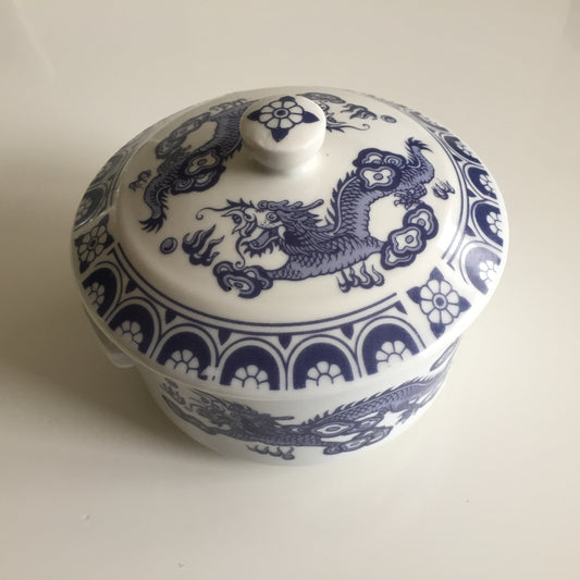 Chinoiserie 1970s Vintage Serving Dish | White & Blue Dragon Design