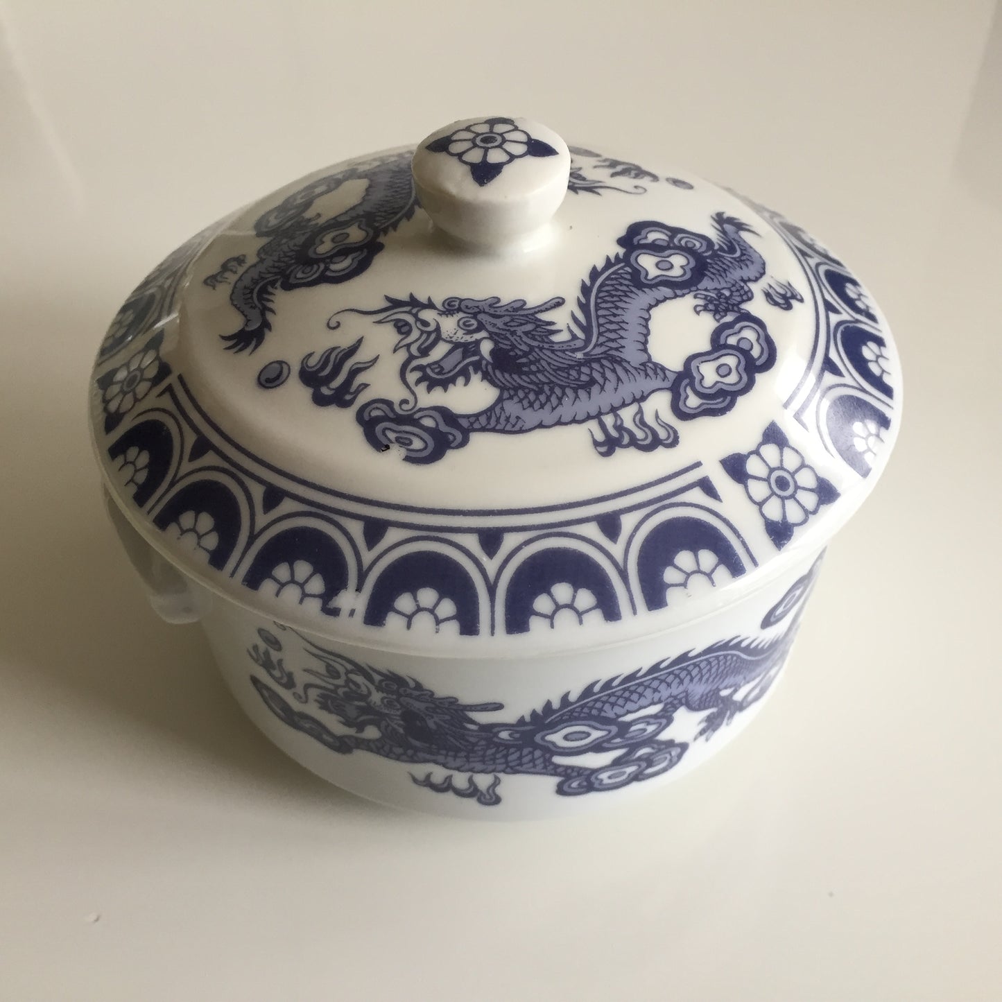 Chinoiserie 1970s Vintage Serving Dish | White & Blue Dragon Design