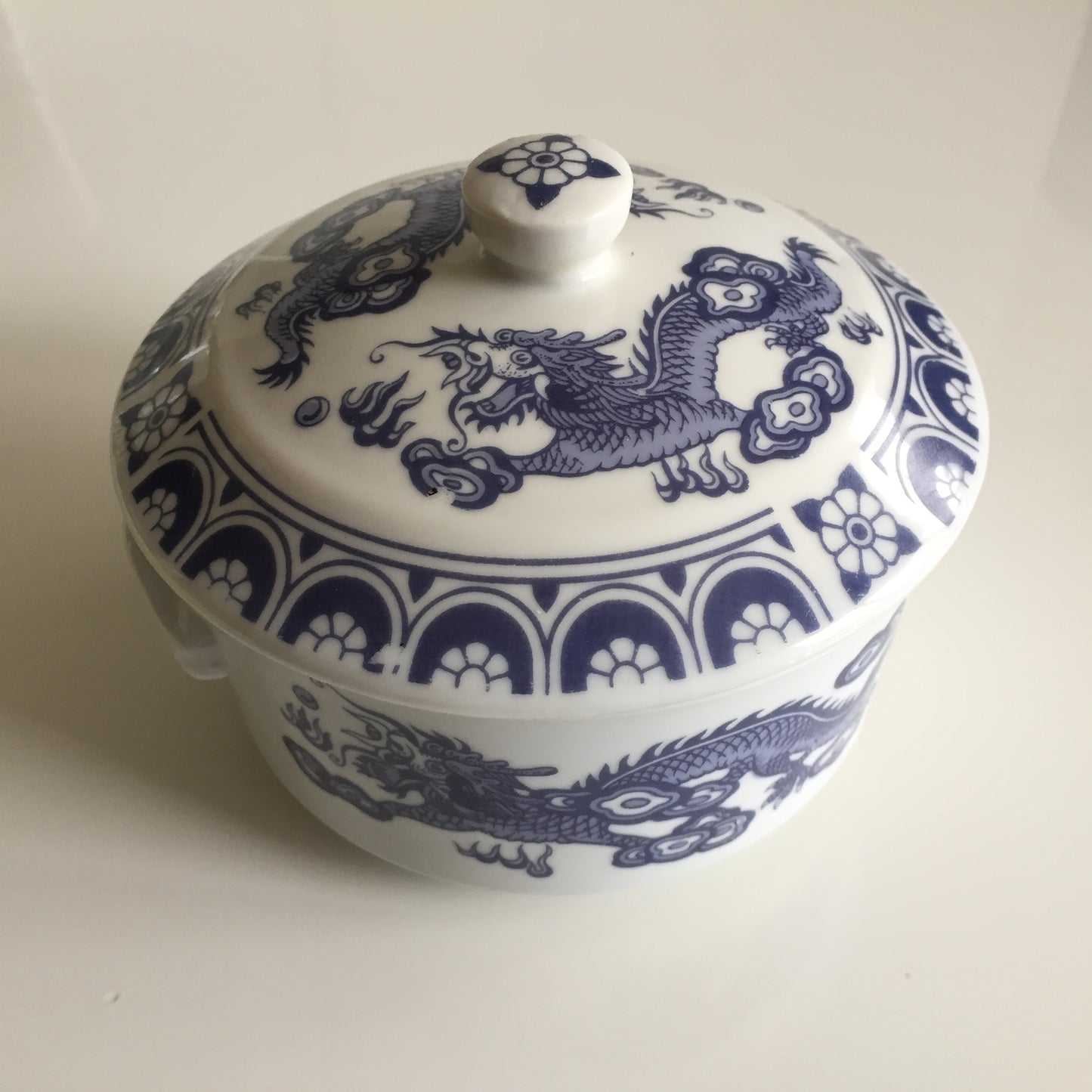 Chinoiserie 1970s Vintage Serving Dish | White & Blue Dragon Design