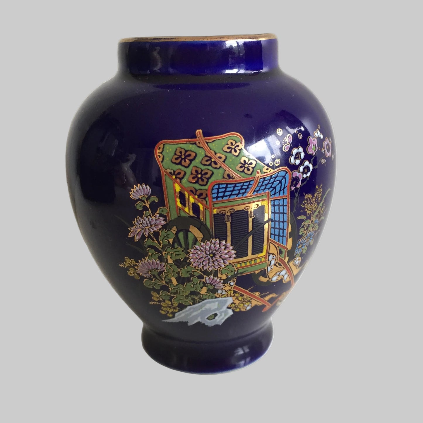 Japanese Vintage Oriental Themed Cobalt Blue Porcelain Vase