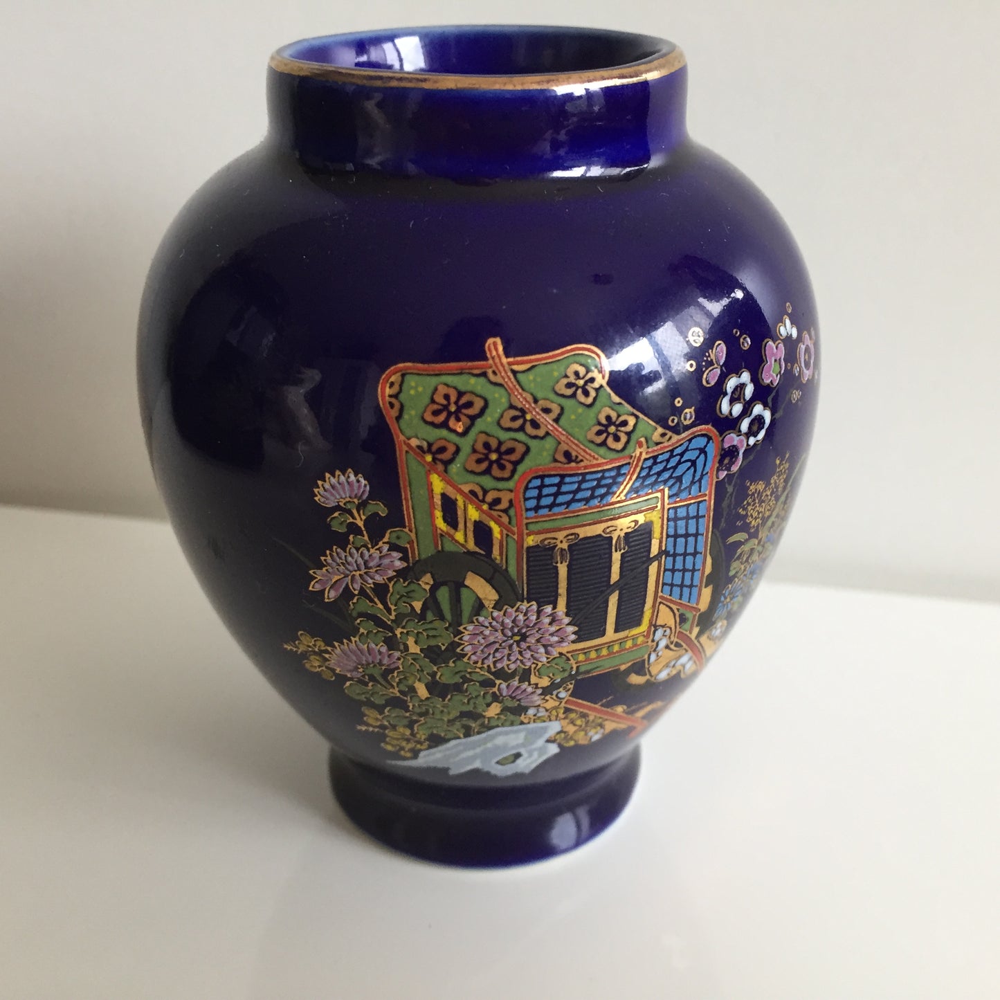 Japanese Vintage Oriental Themed Cobalt Blue Porcelain Vase
