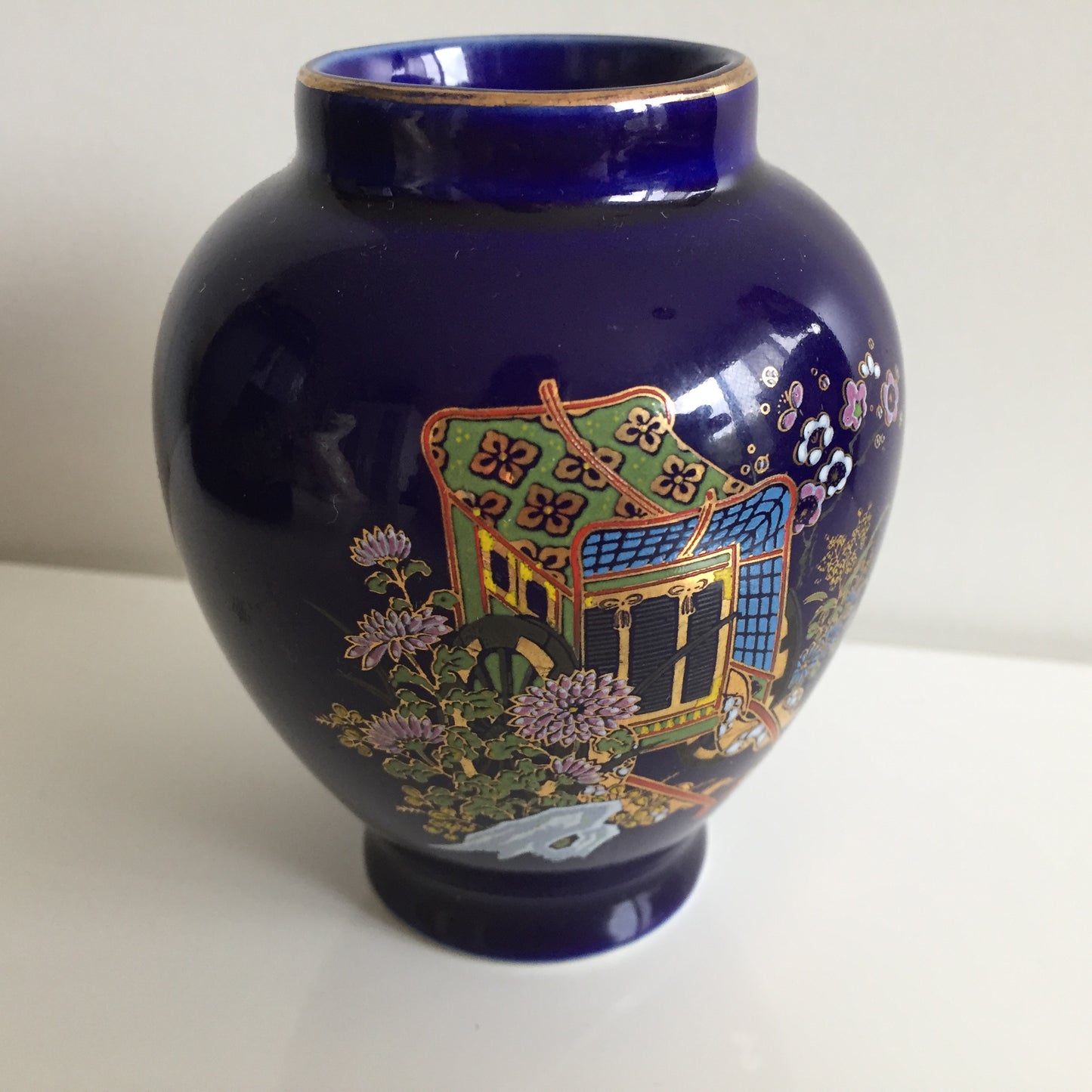 Japanese Vintage Oriental Themed Cobalt Blue Porcelain Vase