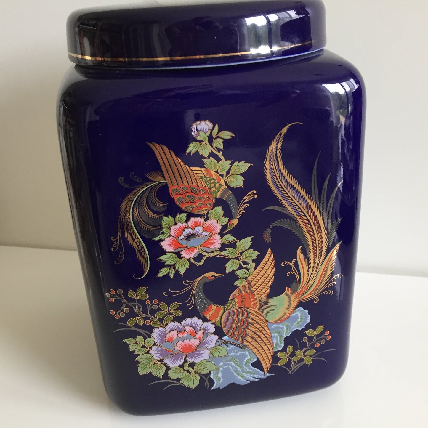 Cobalt Blue Oriental Ginger Jar | Tea Canister With Lid | Gilded Pheasant & Floral Design