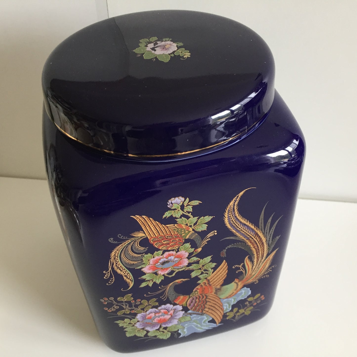 Cobalt Blue Oriental Ginger Jar | Tea Canister With Lid | Gilded Pheasant & Floral Design