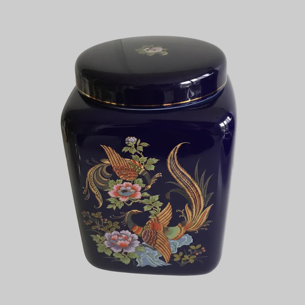 Cobalt Blue Oriental Ginger Jar | Tea Canister With Lid | Gilded Pheasant & Floral Design