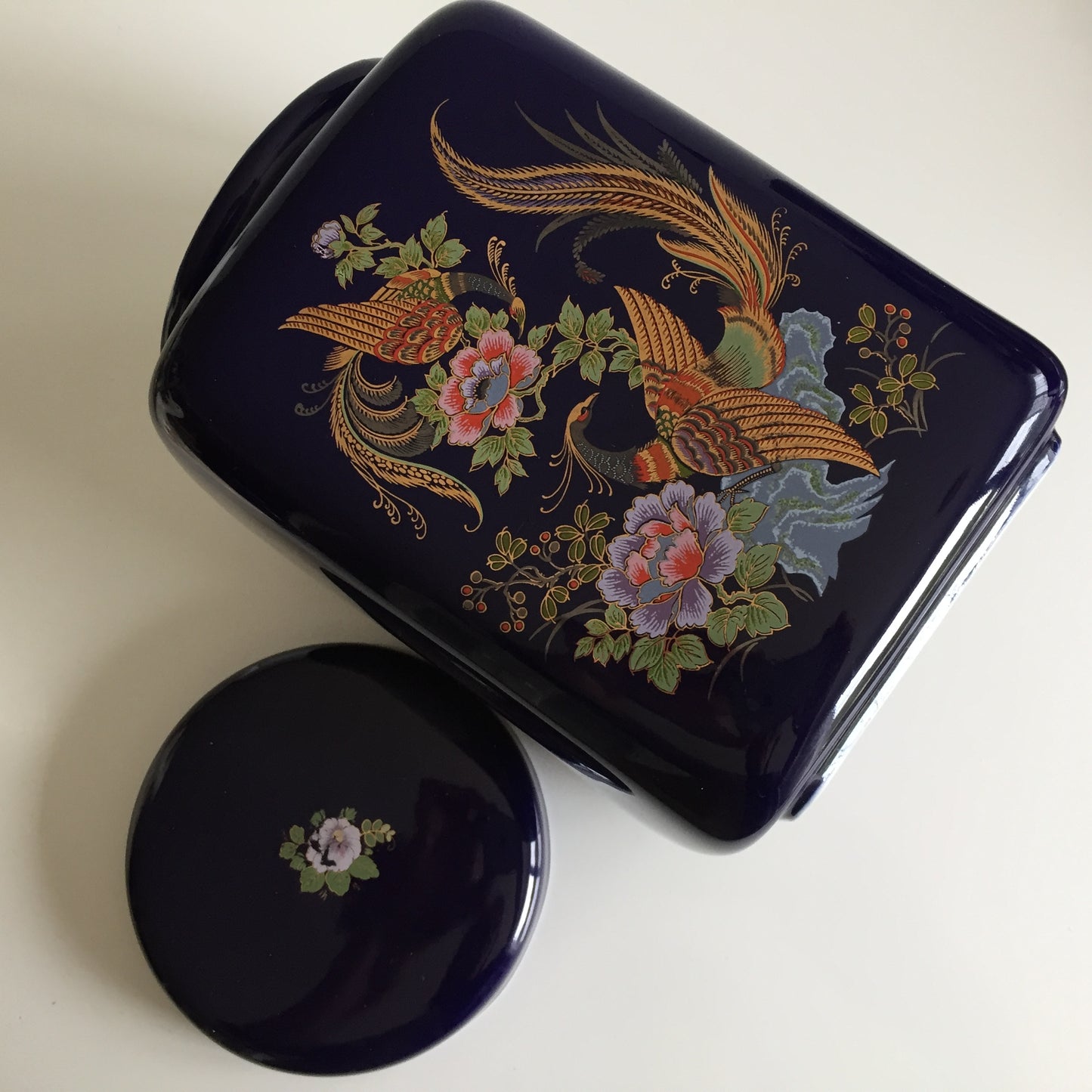 Cobalt Blue Oriental Ginger Jar | Tea Canister With Lid | Gilded Pheasant & Floral Design