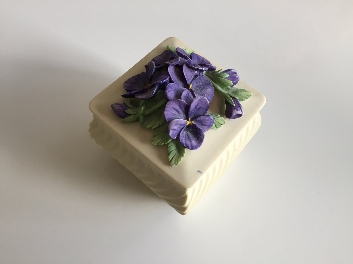 Small Enesco Handcast Casket Square Ring/Trinket Box Purple Violets