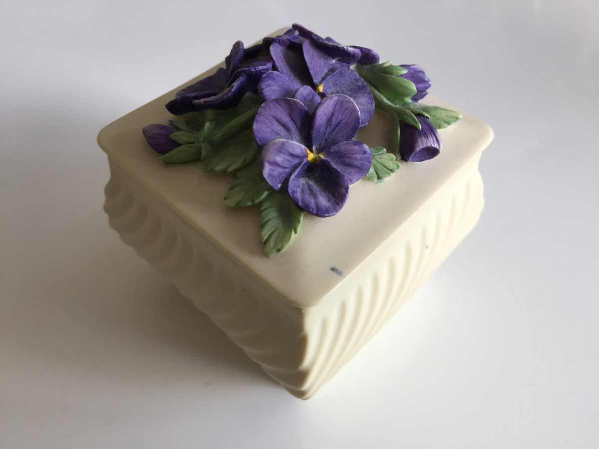 Small Enesco Handcast Casket Square Ring/Trinket Box Purple Violets