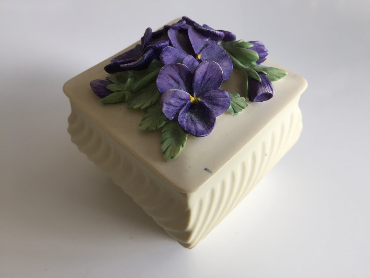 Small Enesco Handcast Casket Square Ring/Trinket Box Purple Violets