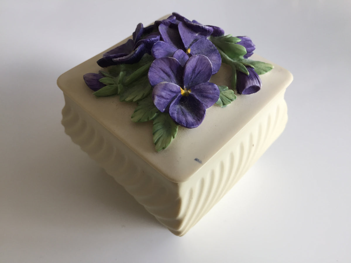 Small Enesco Handcast Casket Square Ring/Trinket Box Purple Violets