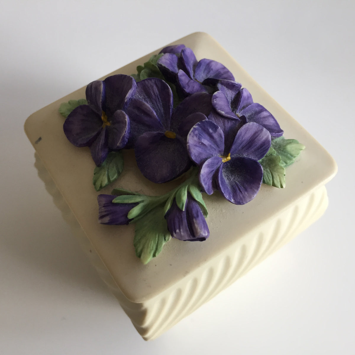 Small Enesco Handcast Casket Square Ring/Trinket Box Purple Violets