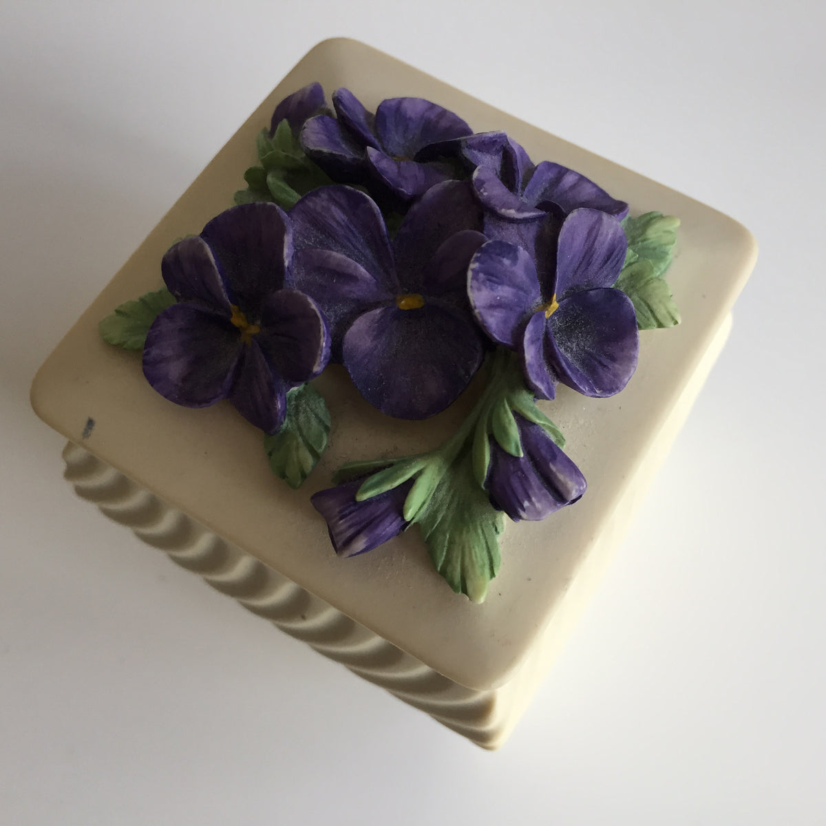 Small Enesco Handcast Casket Square Ring/Trinket Box Purple Violets
