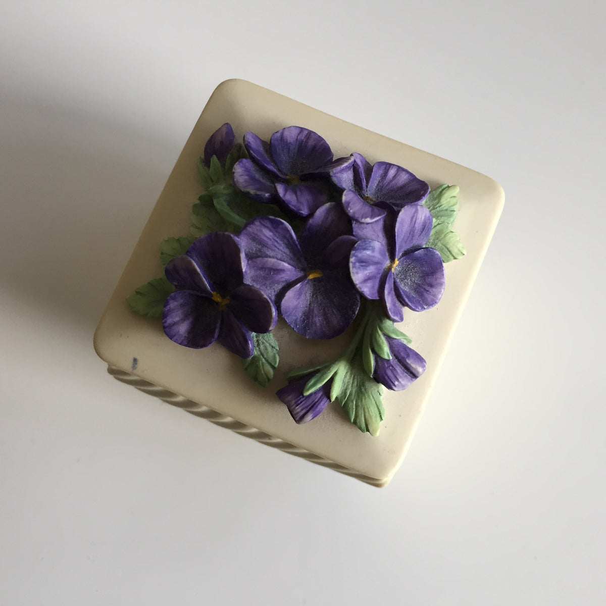 Small Enesco Handcast Casket Square Ring/Trinket Box Purple Violets