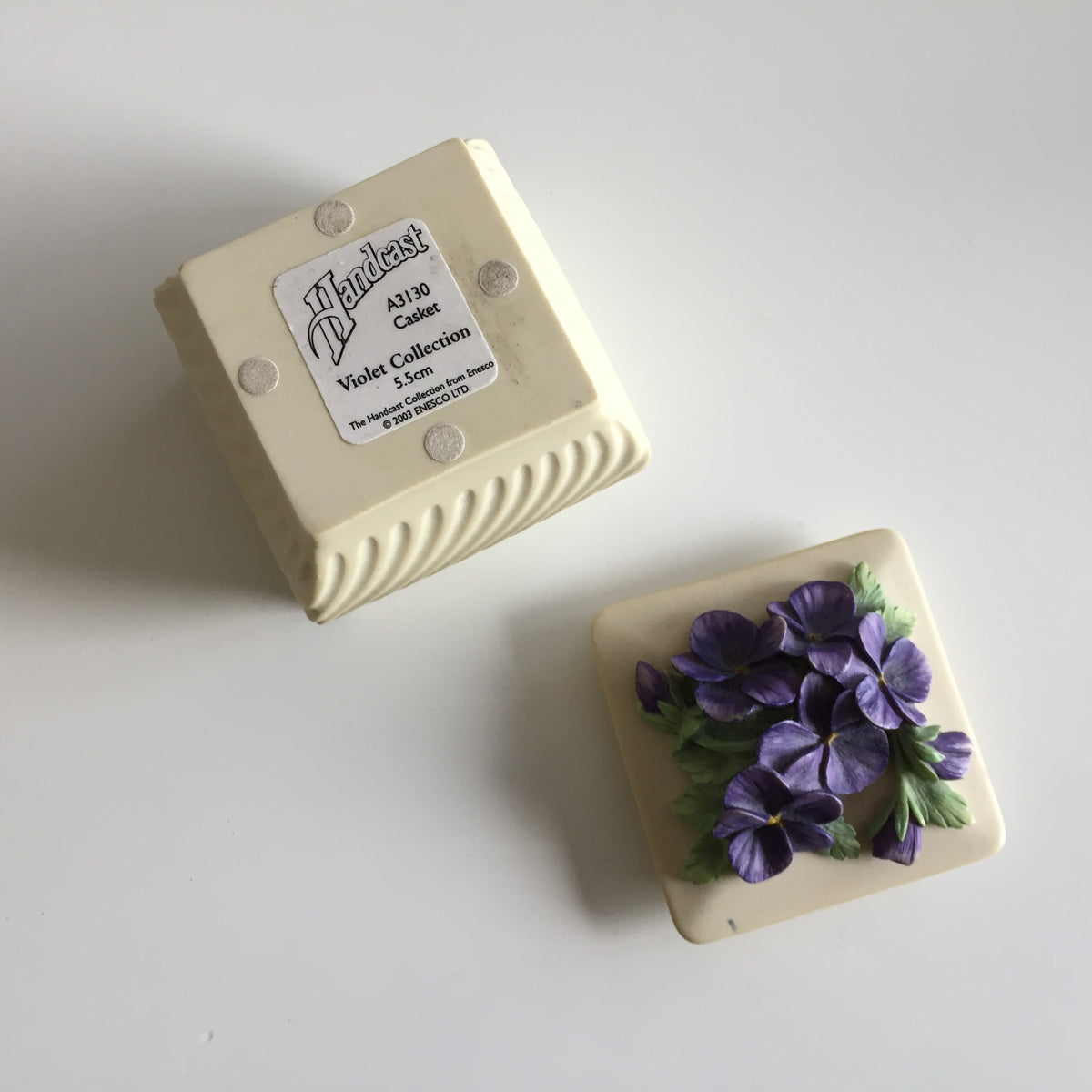Small Enesco Handcast Casket Square Ring/Trinket Box Purple Violets