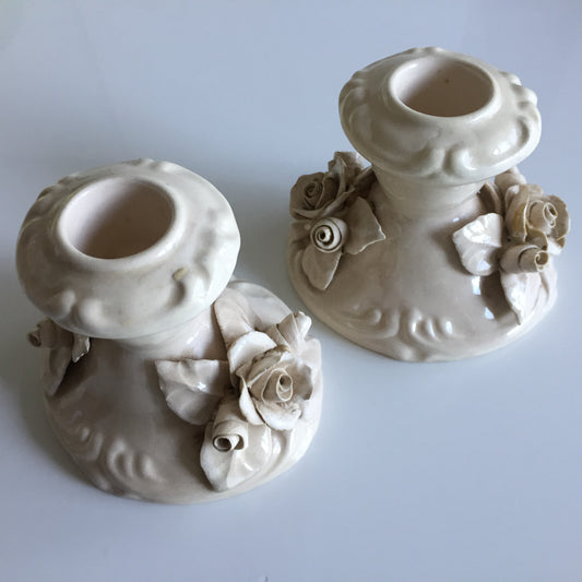 A Pair of Italian Handcrafted Ceramic Candlestick Holders with Capodimonte Style Flowers
