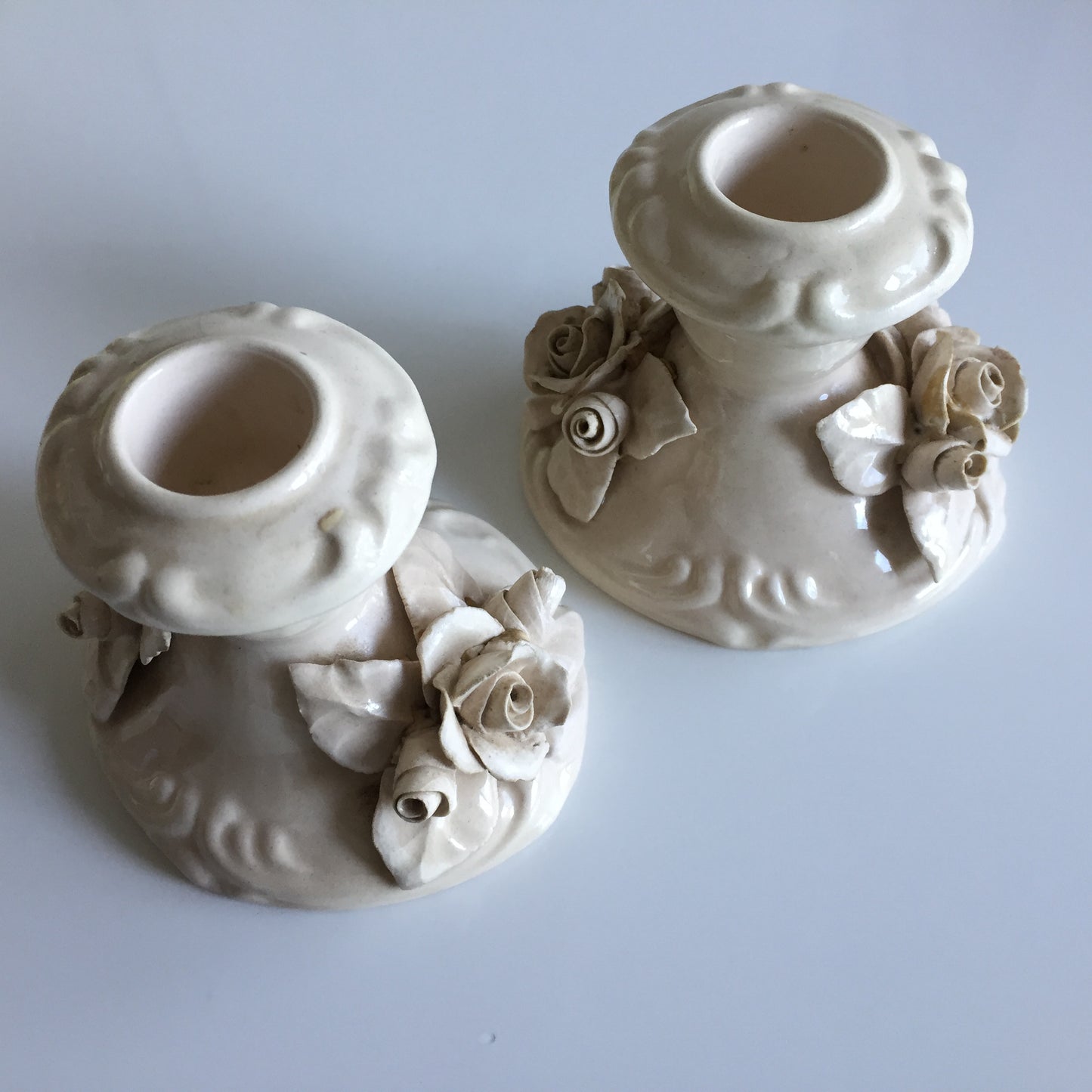 A Pair of Italian Handcrafted Ceramic Candlestick Holders with Capodimonte Style Flowers