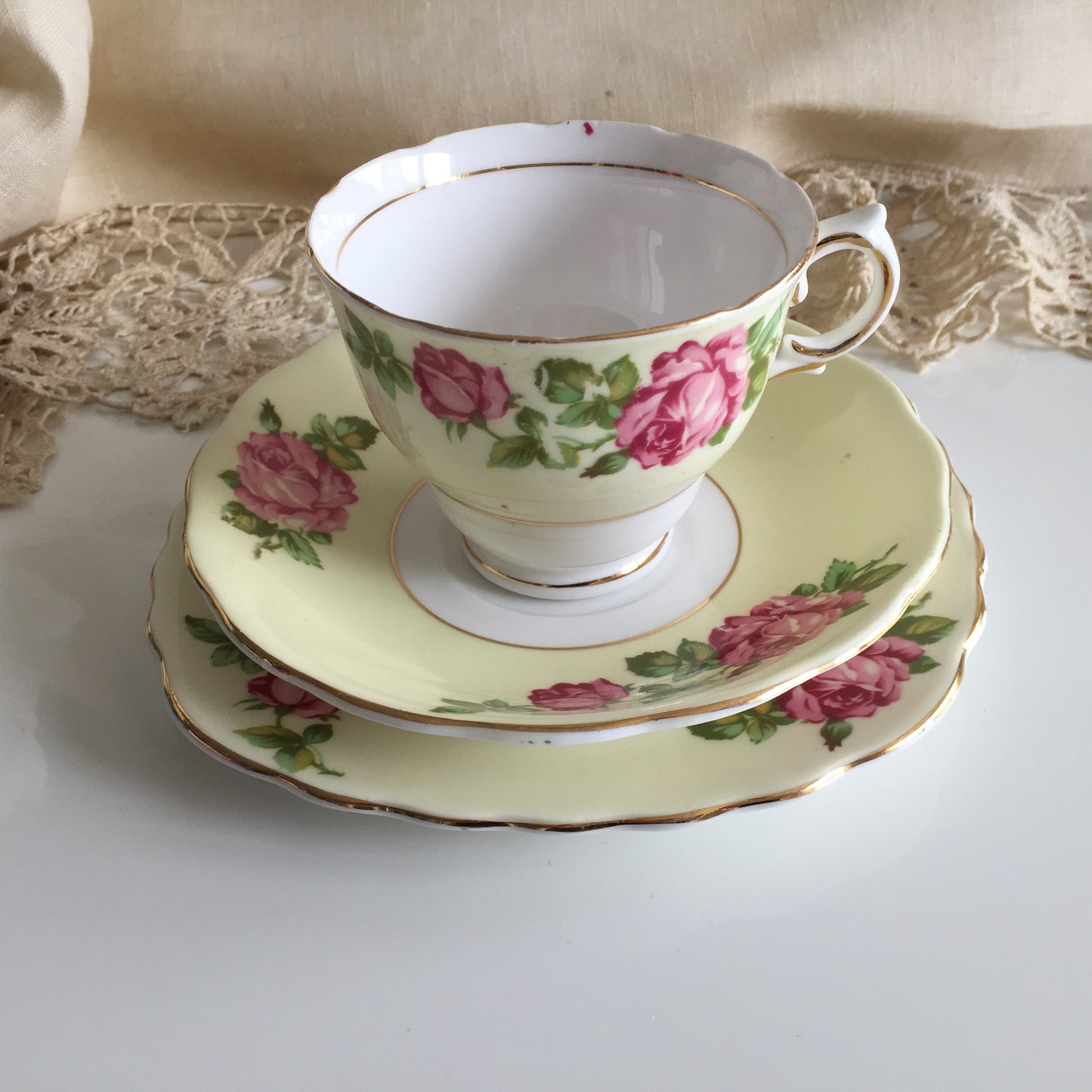 Vintage Porcelain Demitasse Trio with Rose Pattern: Teacup, Saucer & Dessert Plate