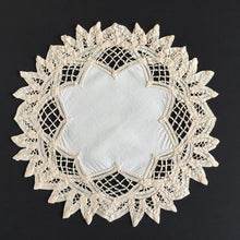 Load image into Gallery viewer, Handmade Vintage Beige Cotton 12" Battenburg/Bordeaux Lace Doily