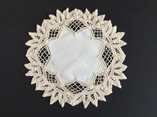 Load image into Gallery viewer, Handmade Vintage Beige Cotton 12" Battenburg/Bordeaux Lace Doily