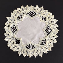 Load image into Gallery viewer, Handmade Vintage Beige Cotton 12" Battenburg/Bordeaux Lace Doily