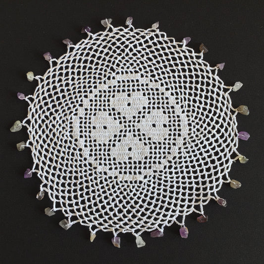 White Filet Crochet Lace Beaded Jug Cover Doily with 4 Hearts