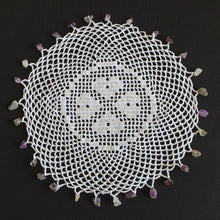 Load image into Gallery viewer, White Filet Crochet Lace Beaded Jug Cover Doily with 4 Hearts