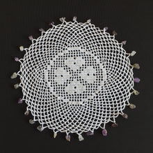 Load image into Gallery viewer, White Filet Crochet Lace Beaded Jug Cover Doily with 4 Hearts