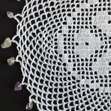 Load image into Gallery viewer, White Filet Crochet Lace Beaded Jug Cover Doily with 4 Hearts