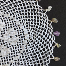 Load image into Gallery viewer, White Filet Crochet Lace Beaded Jug Cover Doily with 4 Hearts