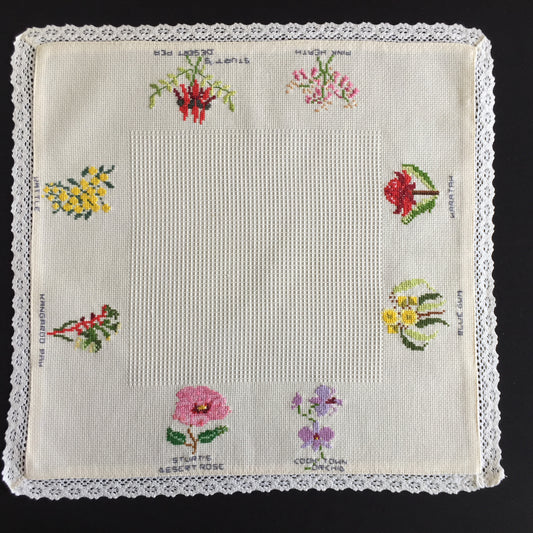 Large Vintage Cross Stitch Embroidered Table Centre Doily with Australian Native Flowers