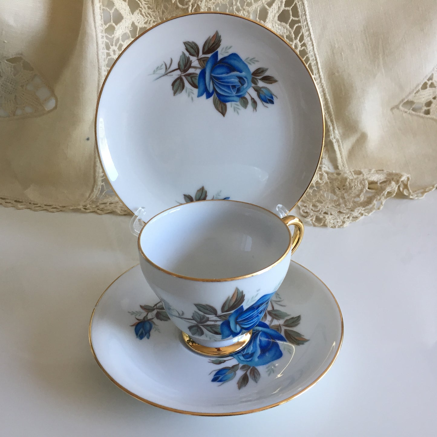 Vintage Porcelain Demitasse Trio with Rose Pattern: Teacup, Saucer & Dessert Plate