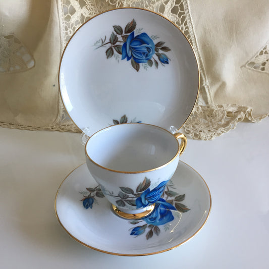 Vintage Porcelain Demitasse Trio with Rose Pattern: Teacup, Saucer & Dessert Plate