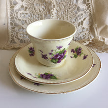 Load image into Gallery viewer, Vintage Porcelain Demitasse Trio with Violets Pattern: Teacup, Saucer &amp; Dessert Plate