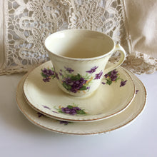 Load image into Gallery viewer, Vintage Porcelain Demitasse Trio with Violets Pattern: Teacup, Saucer &amp; Dessert Plate