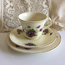 Load image into Gallery viewer, Vintage Porcelain Demitasse Trio with Violets Pattern: Teacup, Saucer &amp; Dessert Plate