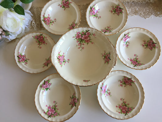Vintage Crempetal Grindley Peach Blossom Pattern Compote/Dessert Bowls 7 Piece Set
