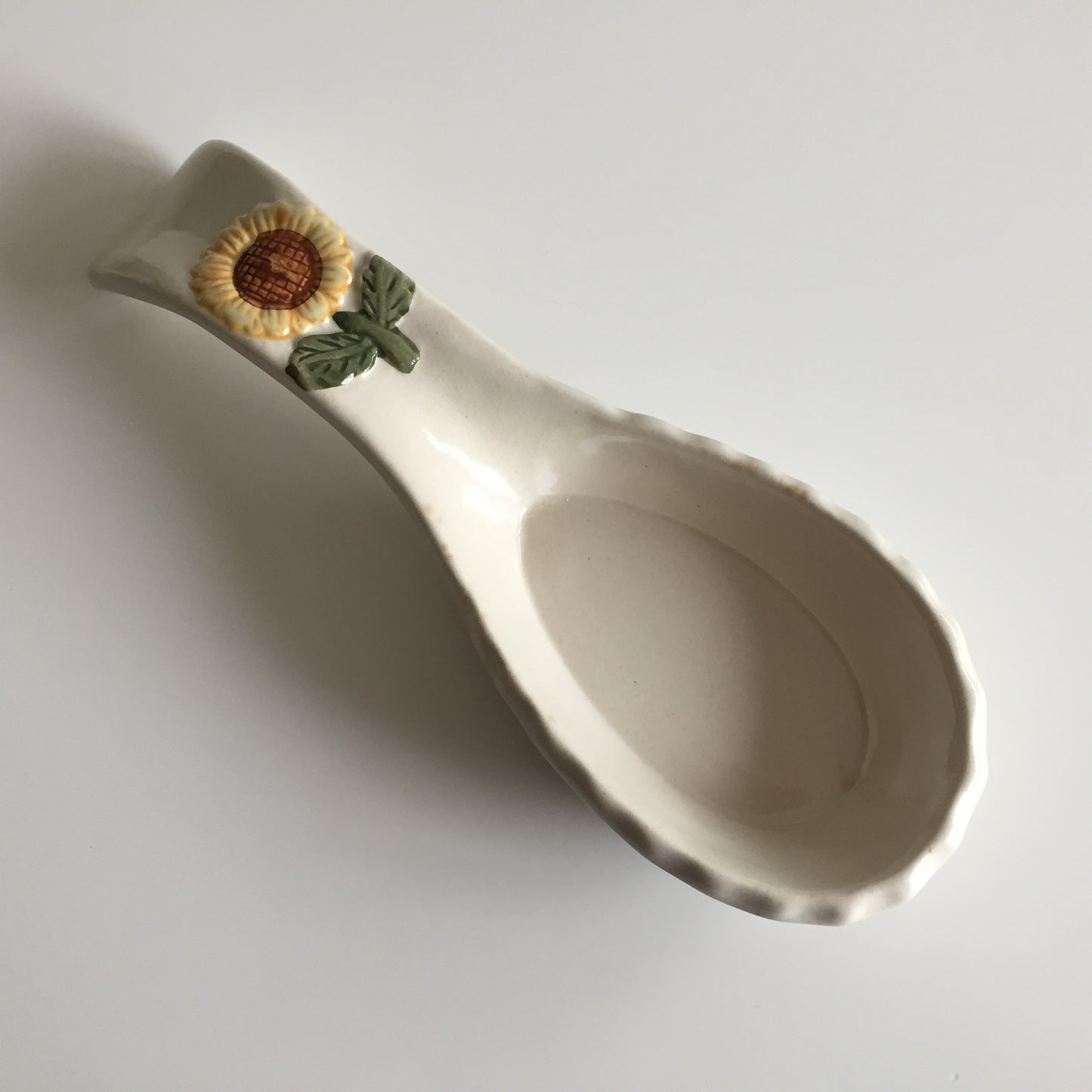 Vintage Ceramic Pottery Spoon Rest Base Holder | Embossed Sunflower Design