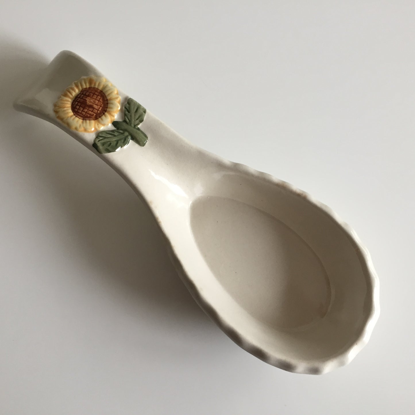 Vintage Ceramic Pottery Spoon Rest Base Holder | Embossed Sunflower Design