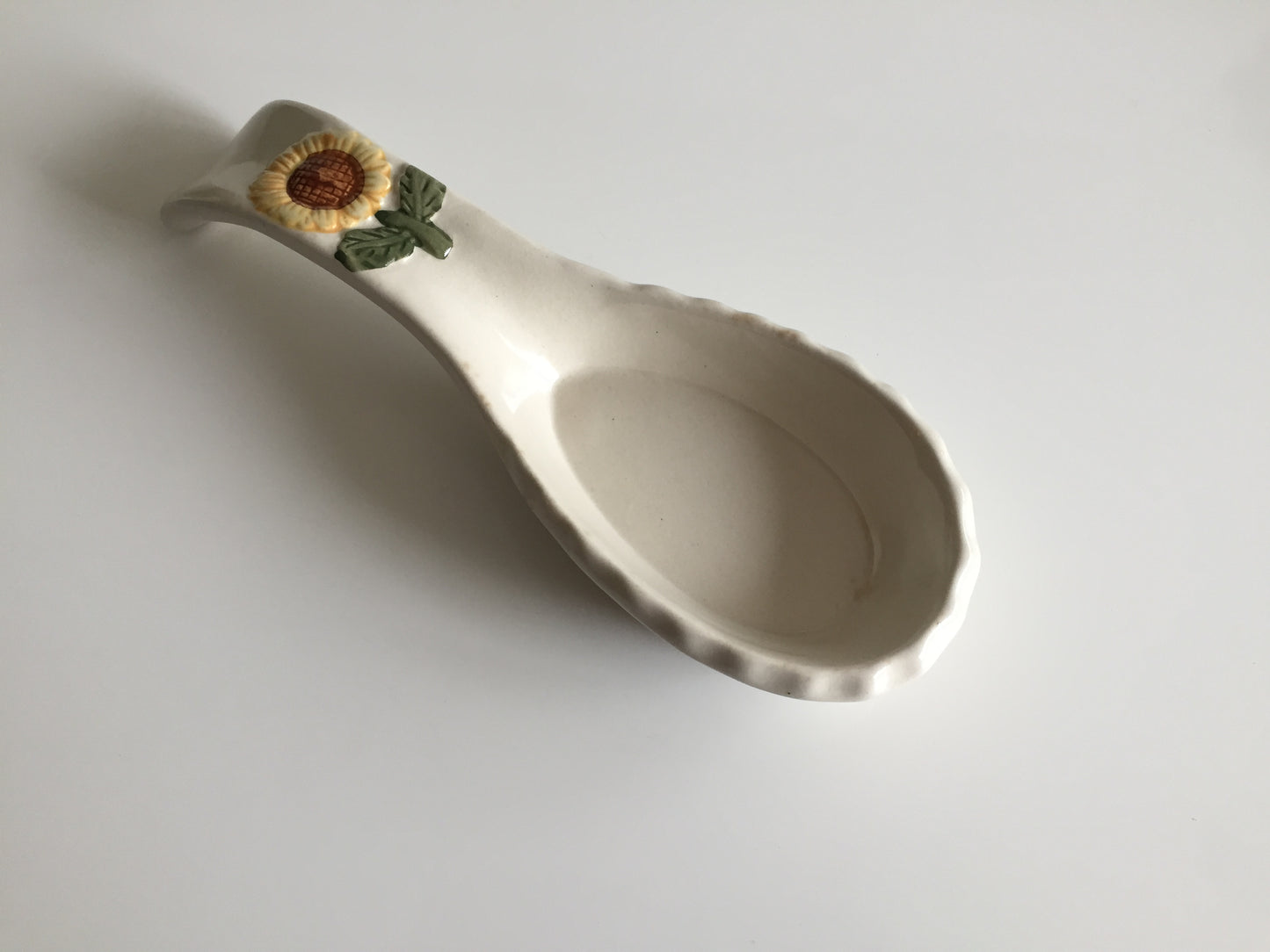 Vintage Ceramic Pottery Spoon Rest Base Holder | Embossed Sunflower Design