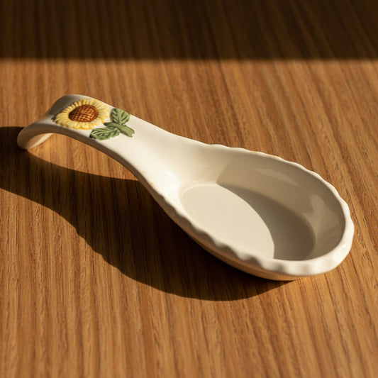 Vintage Ceramic Pottery Spoon Rest Base Holder | Embossed Sunflower Design