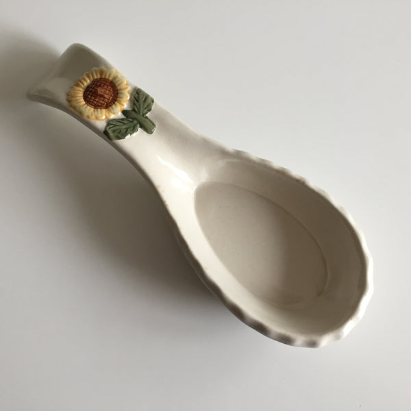 Vintage Ceramic Pottery Spoon Rest Base Holder | Embossed Sunflower Design